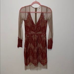 Red lace nude mesh cocktail dress- size S like new